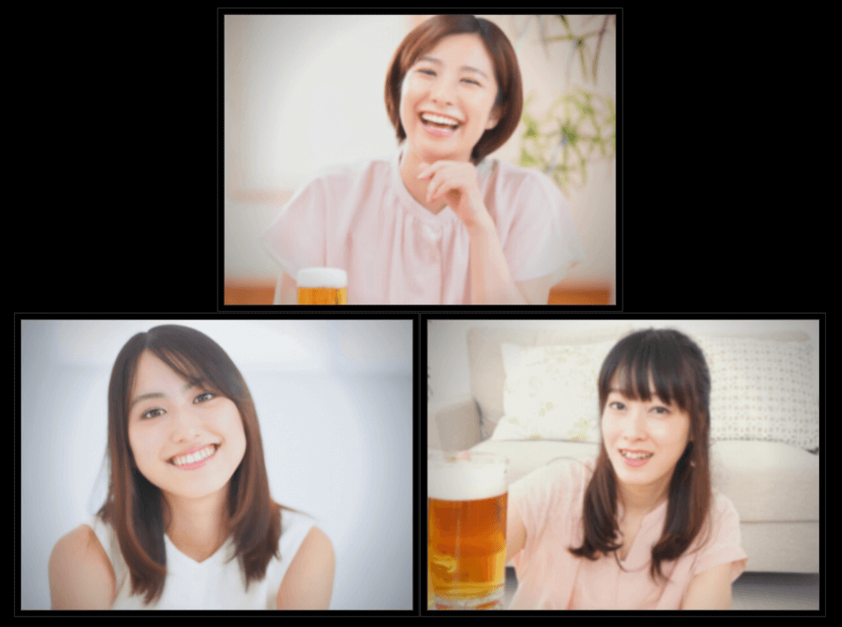 若い女性３人のオンライン飲み会画面